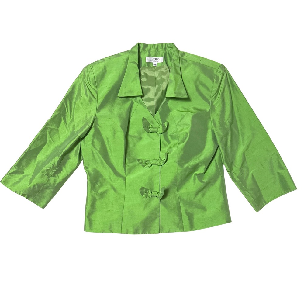 Bigio Collection Lime Green Silk Shantung Bow Button Blazer Jacket Womens 12